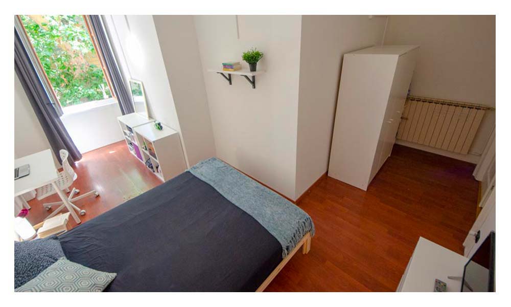 vista della stanza ampia con letto matrimoniale a uso singola e finestra con vista su alberi